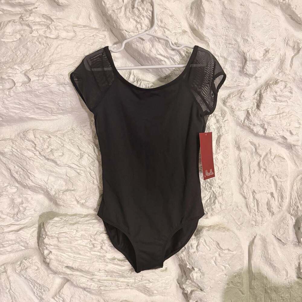NWT Mirella Mesh Sleeve and Back Yoke Cap Sleeve Leotard in Black Girls Size 12